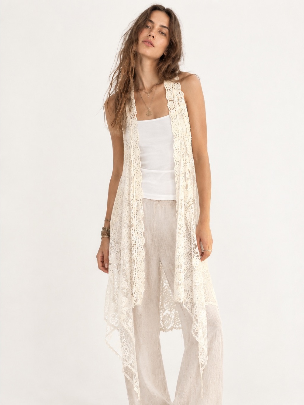 Haute Monde Ivory Boho Asymmetrical Lace Open Vest Cardigan Women’s Size Medium
